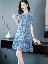 Womens Blue Floral Print Silk Mini Dress Ruffle Hem Short Silk Dress